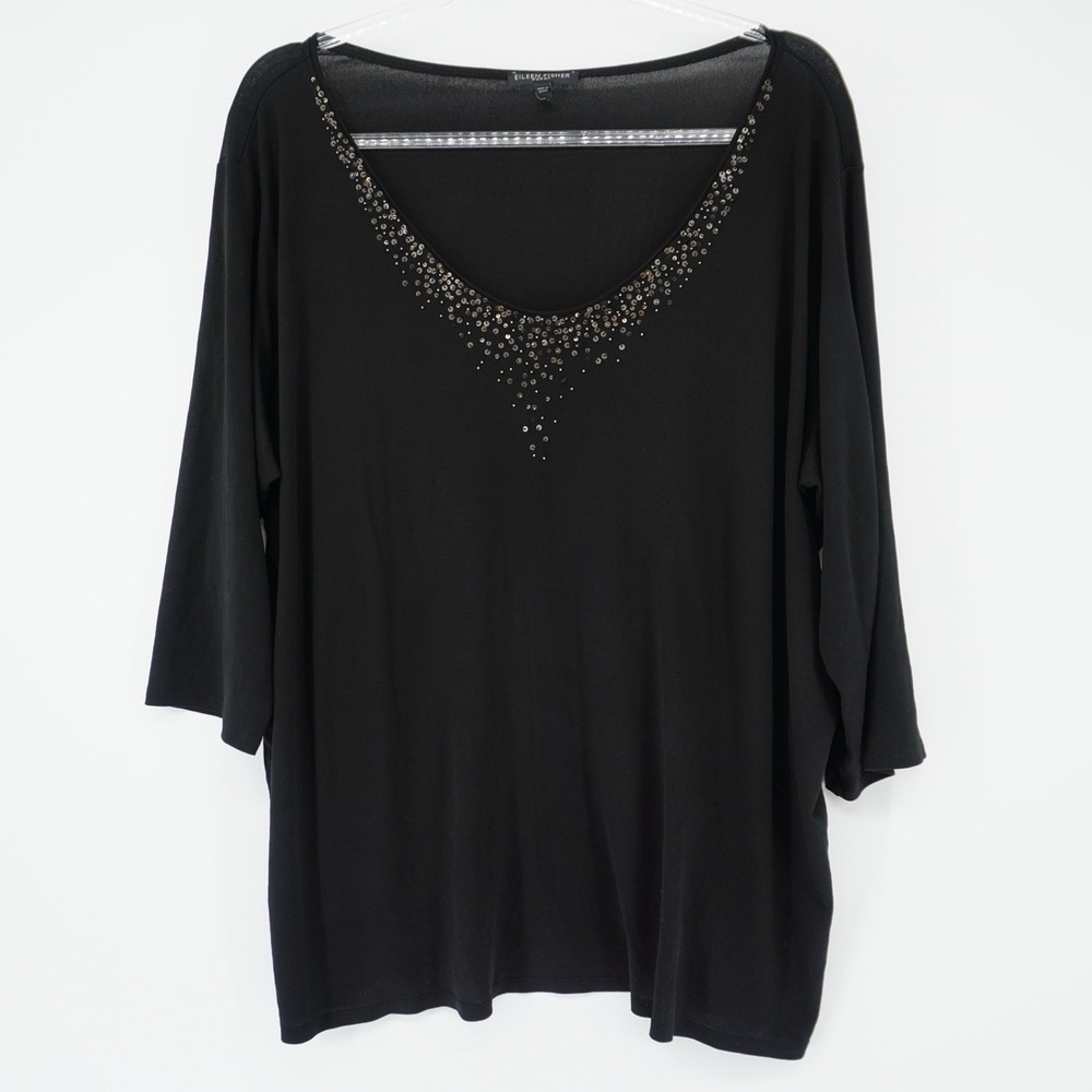Eileen Fisher Women's 100% Silk Black Top Blouse Sequin Neck Lightweight 2X
